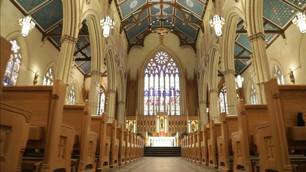 Stained glass, designed by Étienne Thevenot. Photo credit: https://slmedia.org/blog/5-things-you-never-knew-about-torontos-st-michaels-cathedral-basilica